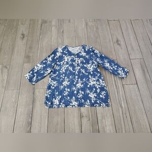 Hot Cotton 100% linen blue white floral 3/4 sleeve tunic blouse size L